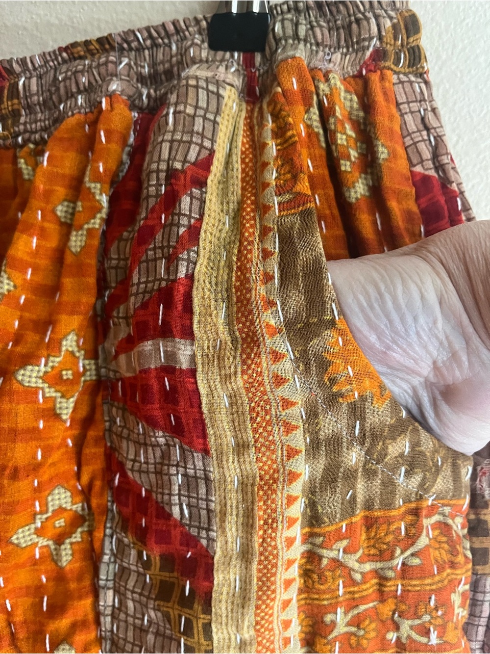 Reversible Kantha Bohemian Orange Patchwork Wide-Leg Pants - Picture 3 of 8